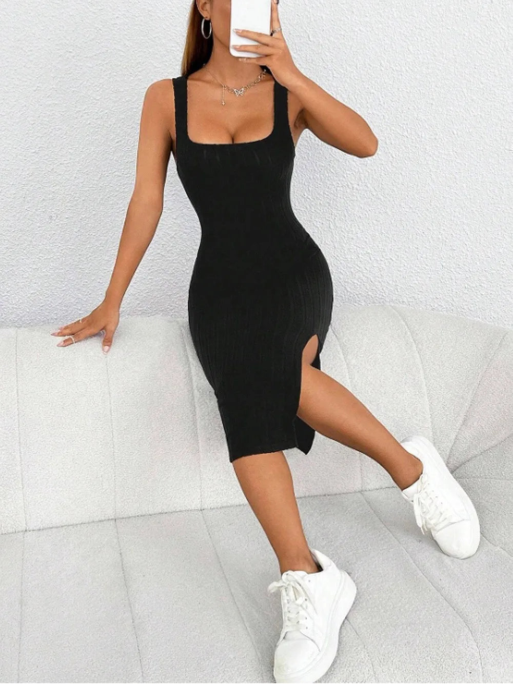 slit dress solid color sling slim dress - MERGE.DAY.1.FREESTYLE