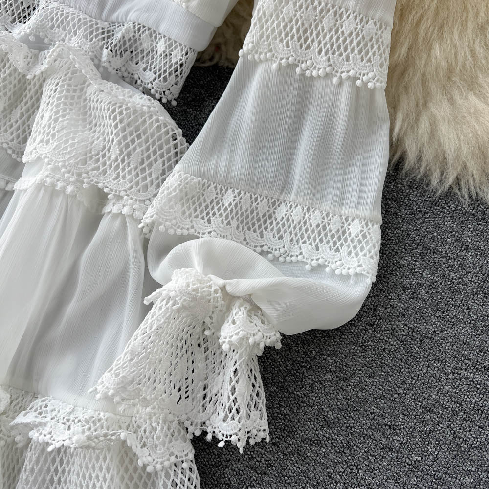 Lace Hollow Out White Dress Women Elegant V-neck Beach Holiday Style Dress - MERGE.DAY.1.FREESTYLE