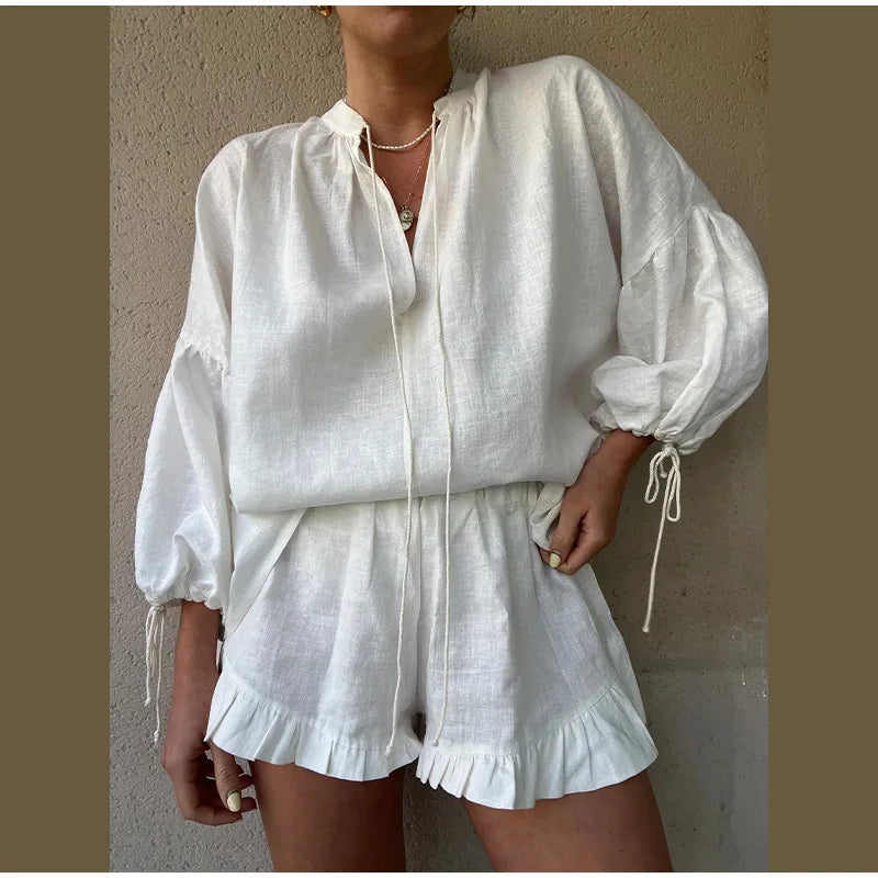 Women's Solid Cotton Linen Ruffle Shorts Suit V-neck Long Sleeve Drawstring Loose 2 Pieces Set - MERGE.DAY.1.FREESTYLE