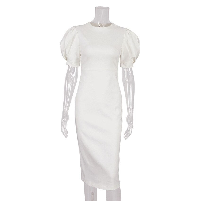 Summer Puff Short Sleeve Dress O-neck Office Lady Solid Color A-line Dress - MERGE.DAY.1.FREESTYLE