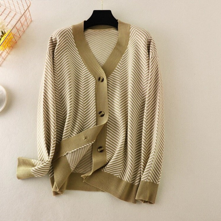 V-neck Striped Cardigans Sweaters Long Sleeve Loose Knitted Open Stitch Outwear - MERGE.DAY.1.FREESTYLE
