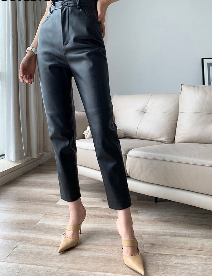 Loose Pockets Women PU Leather Trousers High Waist Single Button Ladies Straight Pants - MERGE.DAY.1.FREESTYLE