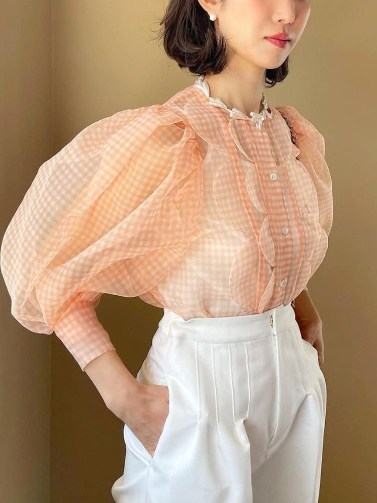 Summer Tops See Through Puff Sleeve Sweet Shirt Single Breasted Plaid - MERGE.DAY.1.FREESTYLE