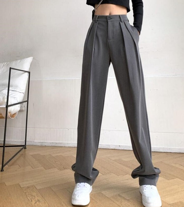 Long Suit Pants High Waist Button Women Wide Leg Trousers - MERGE.DAY.1.FREESTYLE