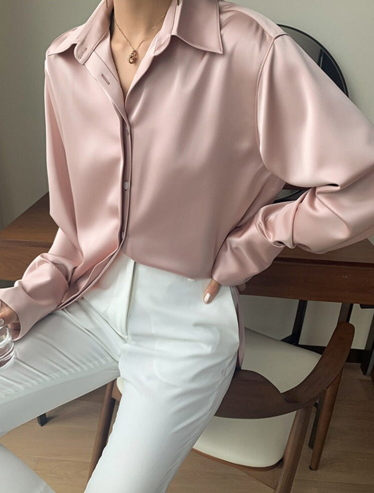 Loose Single-breasted Female Satin Shirts Tops Spring Summer Blusas - MERGE.DAY.1.FREESTYLE