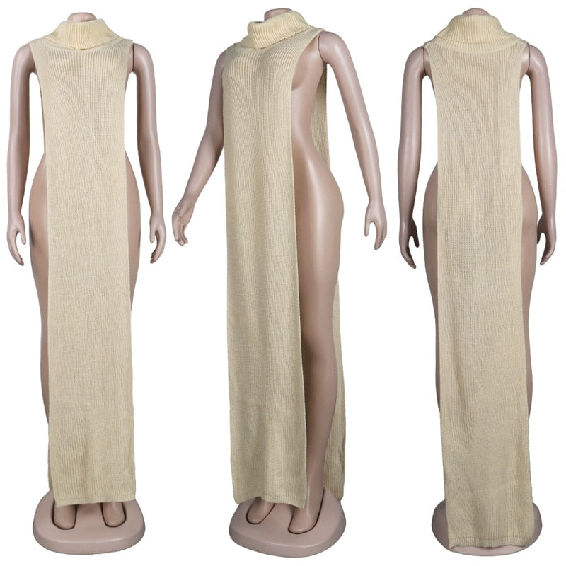 Knitted Side Split Sweater Dress Sleeveless Spring Clothes for Women Y2k Outfits Long Maxi Dresses - MERGE.DAY.1.FREESTYLE