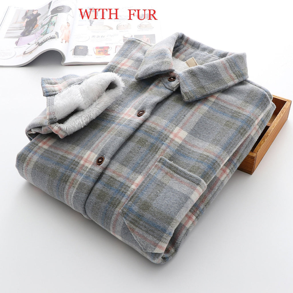 Velvet Thicken Plaid Shirts Blouses Autumn Winter Warm Shirts - MERGE.DAY.1.FREESTYLE