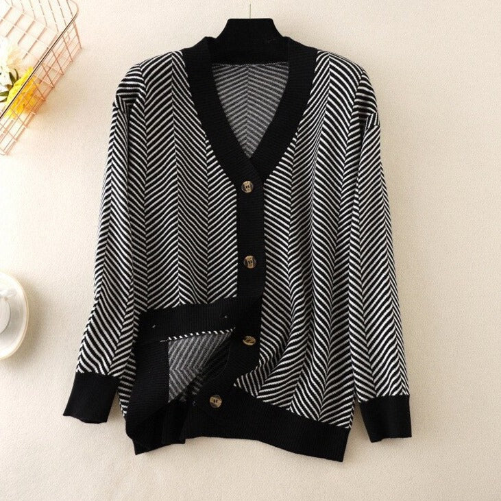 V-neck Striped Cardigans Sweaters Long Sleeve Loose Knitted Open Stitch Outwear - MERGE.DAY.1.FREESTYLE