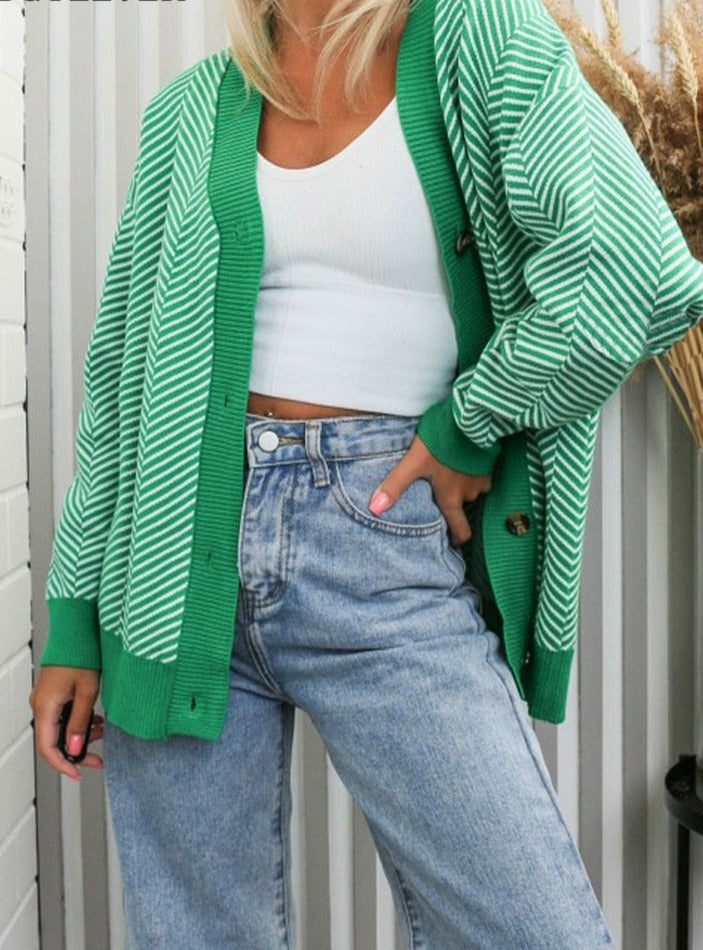 V-neck Striped Cardigans Sweaters Long Sleeve Loose Knitted Open Stitch Outwear - MERGE.DAY.1.FREESTYLE