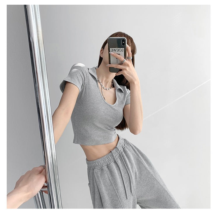 Y2K Tops Women U-shaped Lapel Short Sleeve Tees Summer High Waist Thread Crop Top - MERGE.DAY.1.FREESTYLE