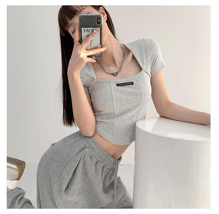 Curved Crop Tops Women Summer Square Collar Short Sleeve T-Shirt Fashion Slim Woman - MERGE.DAY.1.FREESTYLE
