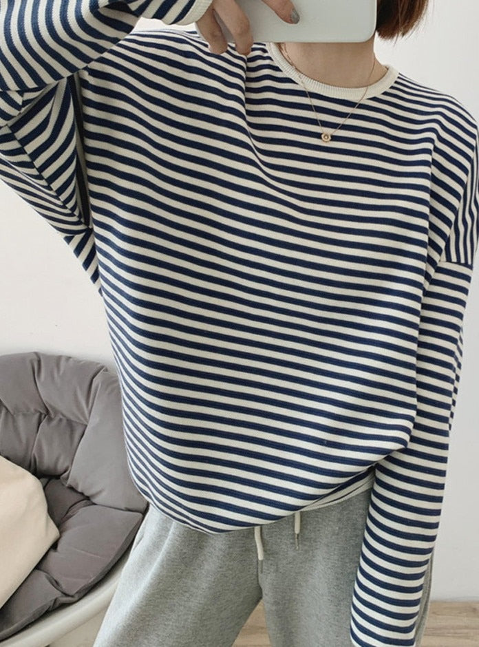 Striped Pullovers Women Knitted Cotton Sweatshirts Female Long-sleeved Loose Tops - MERGE.DAY.1.FREESTYLE