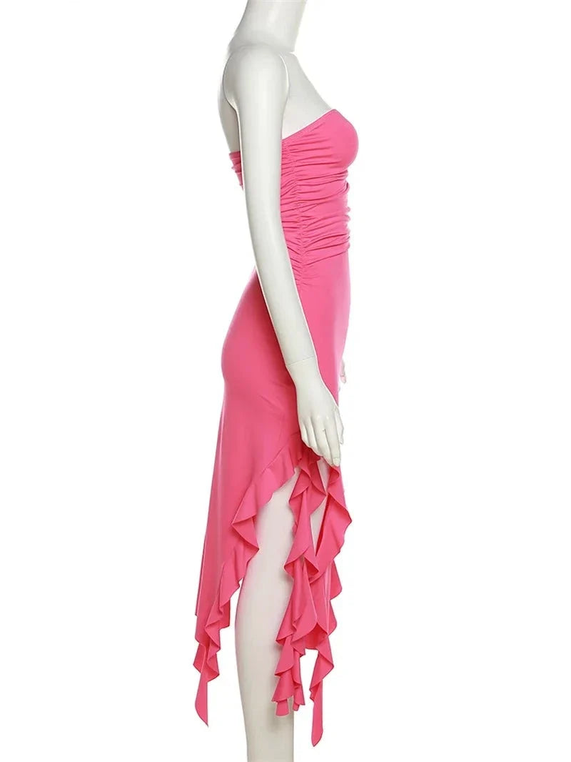 Elegant Strapless Dress Women Irregular Tassel Skinny Split Maxi Bodycon - MERGE.DAY.1.FREESTYLE