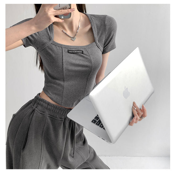Curved Crop Tops Women Summer Square Collar Short Sleeve T-Shirt Fashion Slim Woman - MERGE.DAY.1.FREESTYLE
