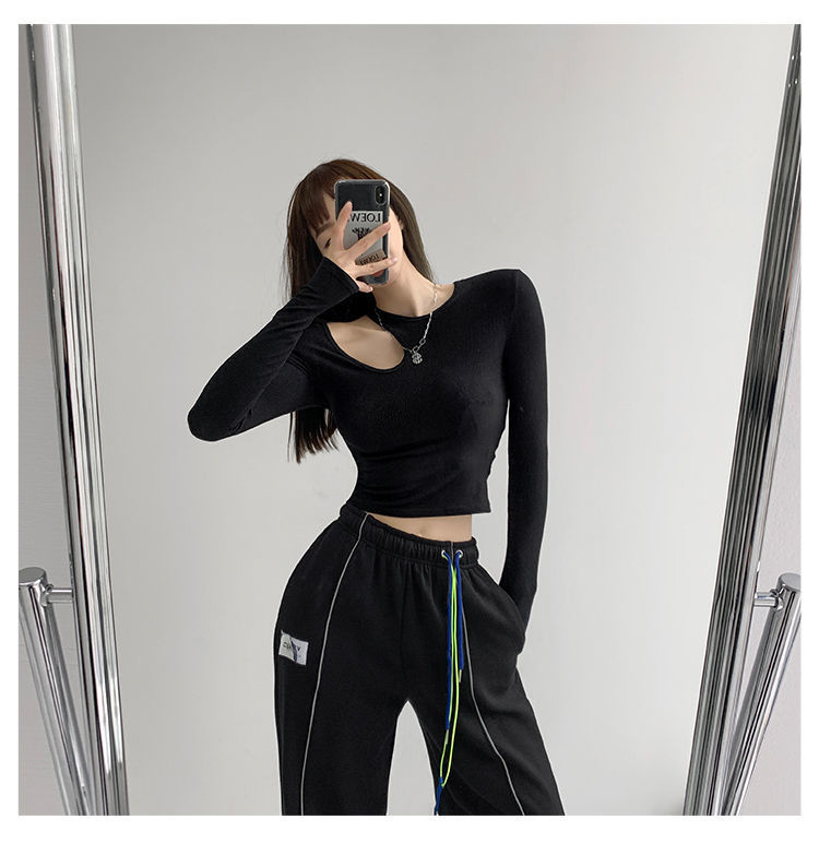 Hollow T-shirt Women Fashion Slim Y2K Cropped Tops Off Shoulder Long Sleeve Tees Woman - MERGE.DAY.1.FREESTYLE