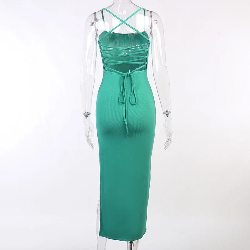 Backless Bandage Slit Dress Knitted Fabric Solid Color Strap Long Dress - MERGE.DAY.1.FREESTYLE