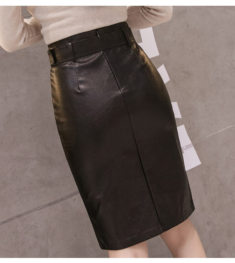 PU Leather Pencil Midi Skirts with Belt High Waist Split OL Elegant Sheath Wrap Skirts - MERGE.DAY.1.FREESTYLE