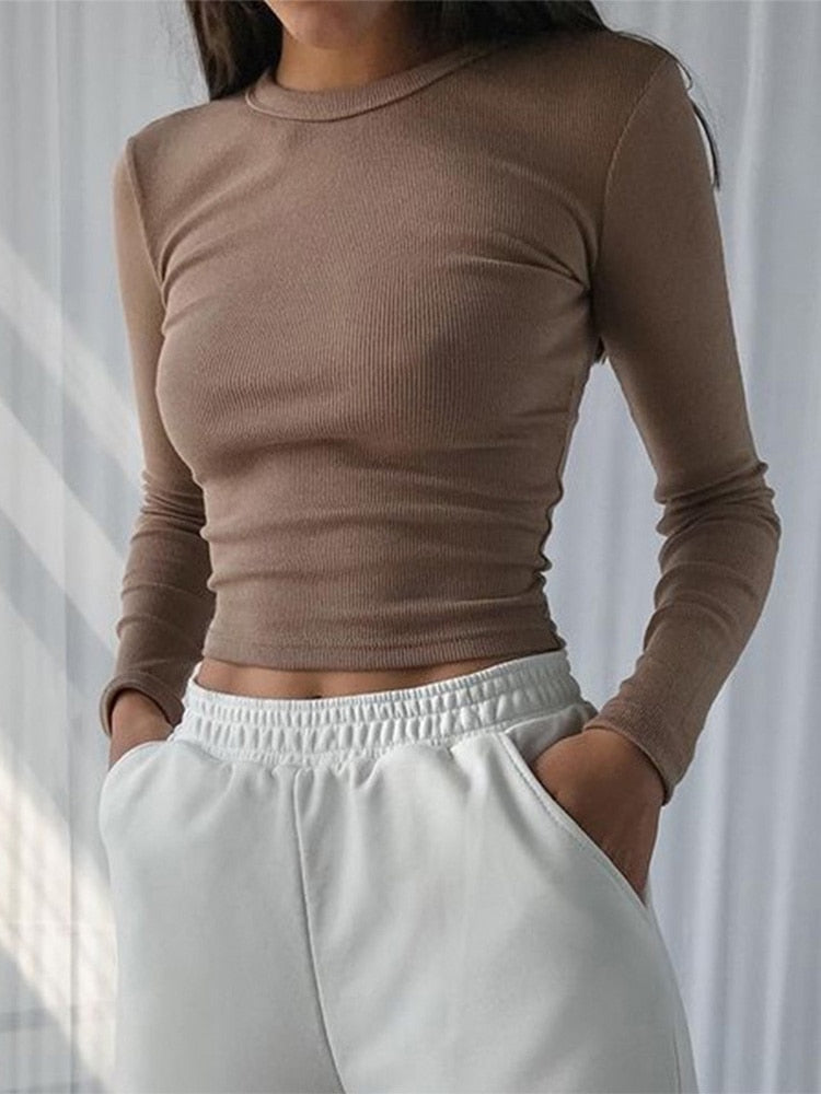 O Neck Long Sleeve Shirt Women Ribbed Sexy Cropped Tops Casual Skinny T Shirts White - MERGE.DAY.1.FREESTYLE