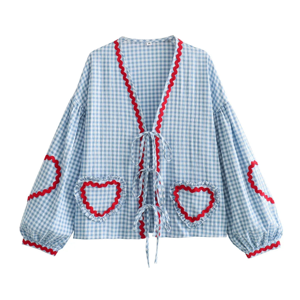 Heart Pockets Ladies V Neck Bow Buttons Blouses - MERGE.DAY.1.FREESTYLE