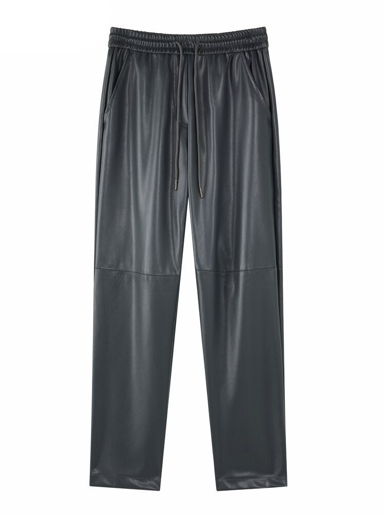 Drawstring PU Leather Trousers Women Elastic Waist Straight Faux Leather Pants - MERGE.DAY.1.FREESTYLE