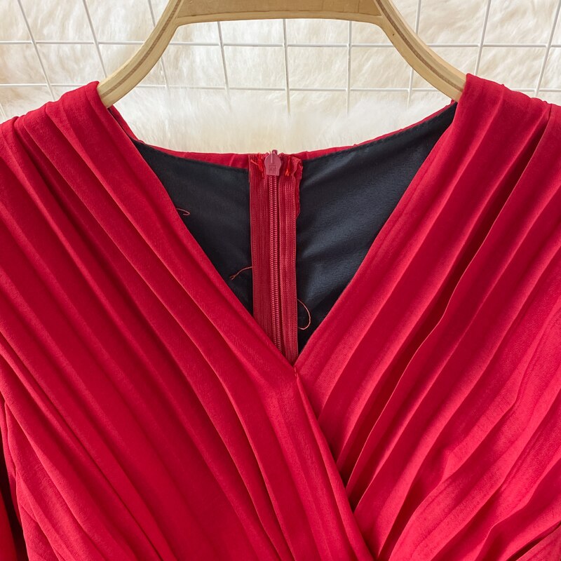 Slim Dress Elegant A Line V Neck Puff Sleeve Chiffon Pullover Mid-Calf Dresses - MERGE.DAY.1.FREESTYLE