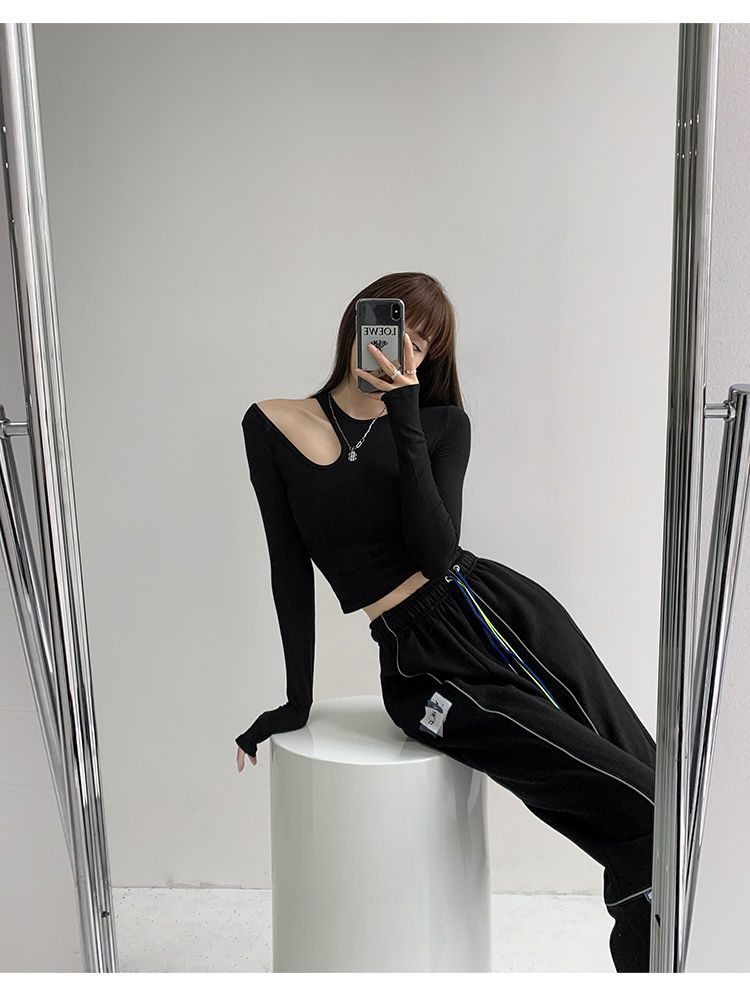 Hollow T-shirt Women Fashion Slim Y2K Cropped Tops Off Shoulder Long Sleeve Tees Woman - MERGE.DAY.1.FREESTYLE