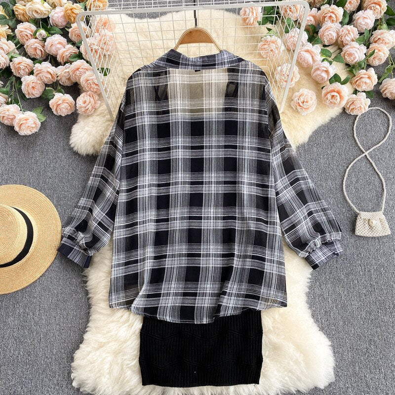 Summer Women Two Piece Set Plaid Long Sleeve Sunscreen Shirt+A-line Knitting Slip Dress - MERGE.DAY.1.FREESTYLE