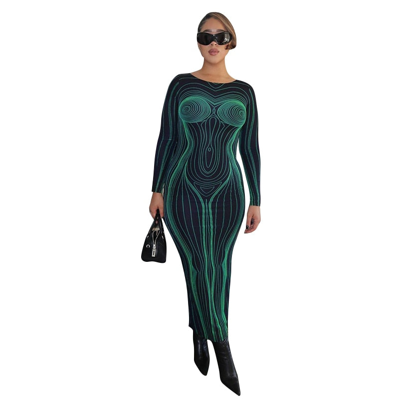 Striped Print Long Sleeve See Through Sexy Bodycon Maxi Dress - MERGE.DAY.1.FREESTYLE