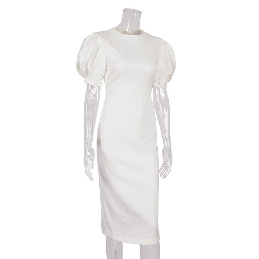 Summer Puff Short Sleeve Dress O-neck Office Lady Solid Color A-line Dress - MERGE.DAY.1.FREESTYLE