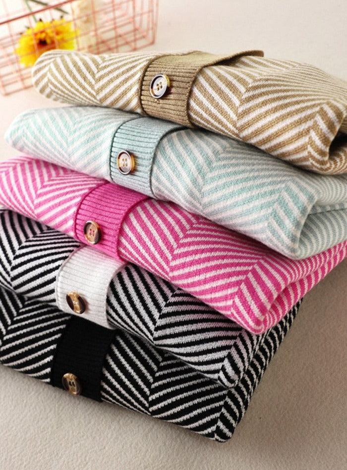 V-neck Striped Cardigans Sweaters Long Sleeve Loose Knitted Open Stitch Outwear - MERGE.DAY.1.FREESTYLE