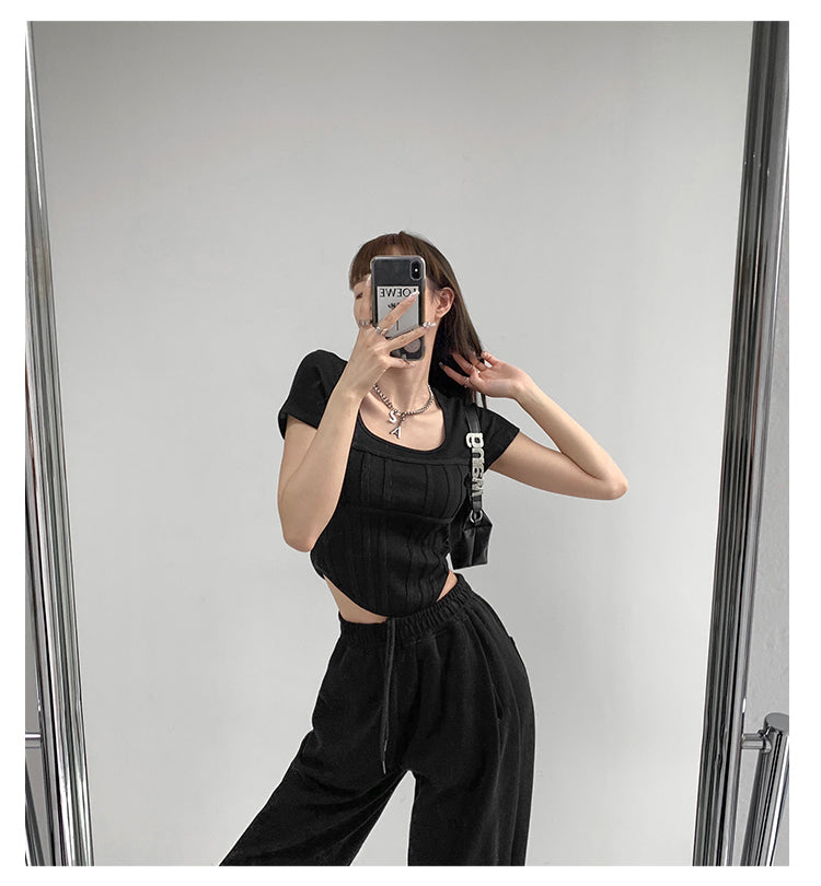 Summer Bright Line White T-shirt Women Slim Square Neck Short Sleeve Cropped Tops Female - MERGE.DAY.1.FREESTYLE
