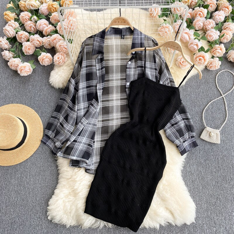 Summer Women Two Piece Set Plaid Long Sleeve Sunscreen Shirt+A-line Knitting Slip Dress - MERGE.DAY.1.FREESTYLE