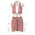 Ruffled Solid Halter Hollow Out Sleeveless Crop Top Pleated Skirts 2 Pieces Set - MERGE.DAY.1.FREESTYLE