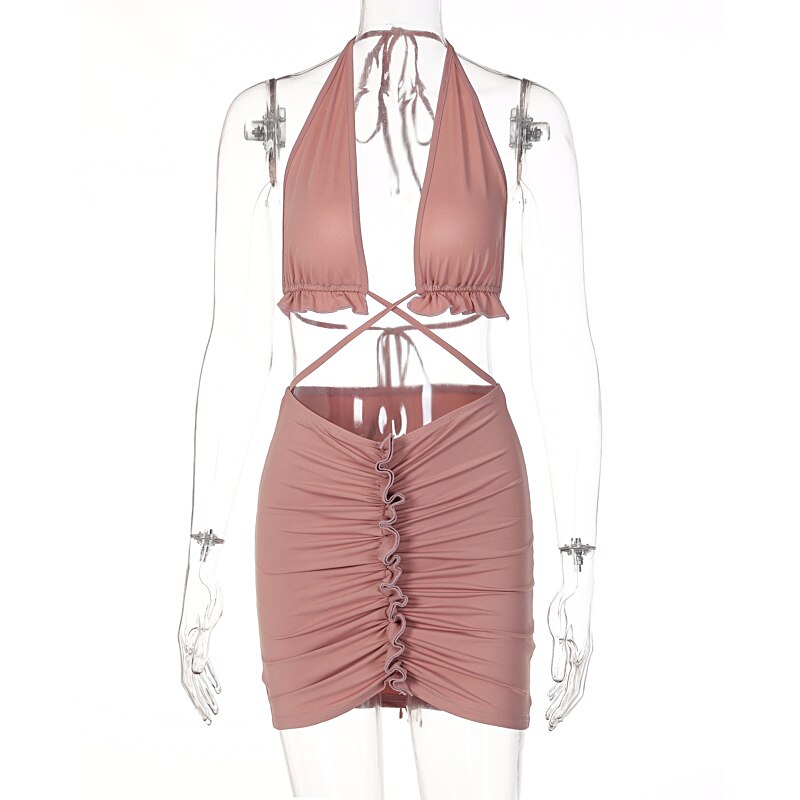 Ruffled Solid Halter Hollow Out Sleeveless Crop Top Pleated Skirts 2 Pieces Set - MERGE.DAY.1.FREESTYLE