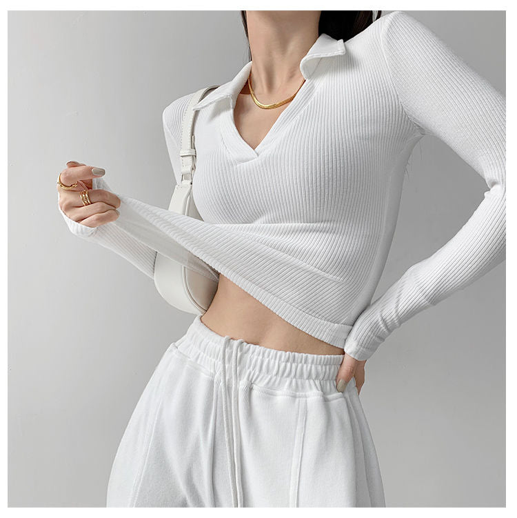Sexy V-Neck Slim Fitness Women's T-Shirt Long Sleeve Polo Shirt Woman High Waist Cropped Tops - MERGE.DAY.1.FREESTYLE