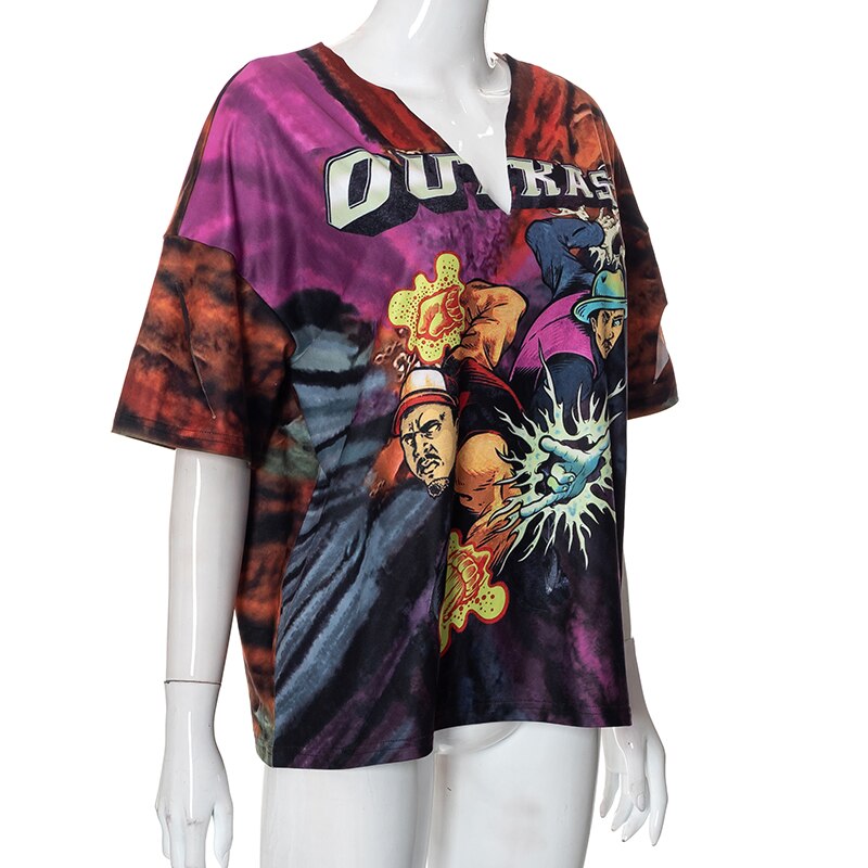 Short Sleeves V Neck Graphic Print Oversize Sexy Tops T Shirts Streetwear Y2K - MERGE.DAY.1.FREESTYLE