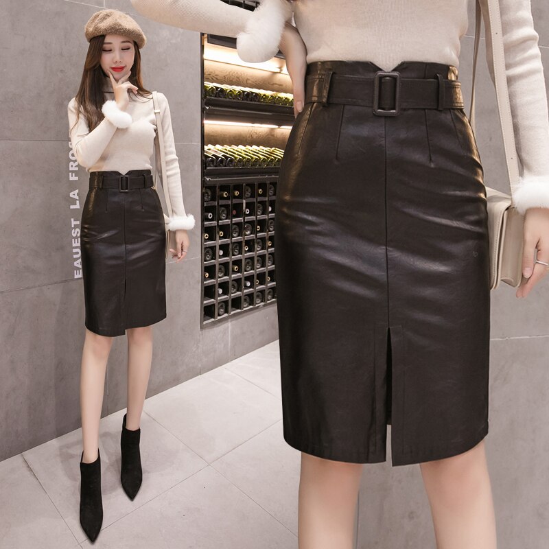 PU Leather Pencil Midi Skirts with Belt High Waist Split OL Elegant Sheath Wrap Skirts - MERGE.DAY.1.FREESTYLE