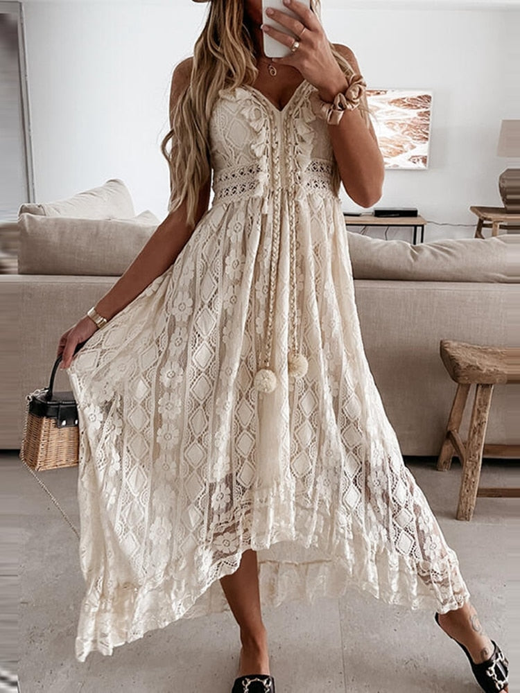 Women Dress Beach Style Elegant White Lace Spaghetti Srap Sundress Female Hollow Out Boho - MERGE.DAY.1.FREESTYLE
