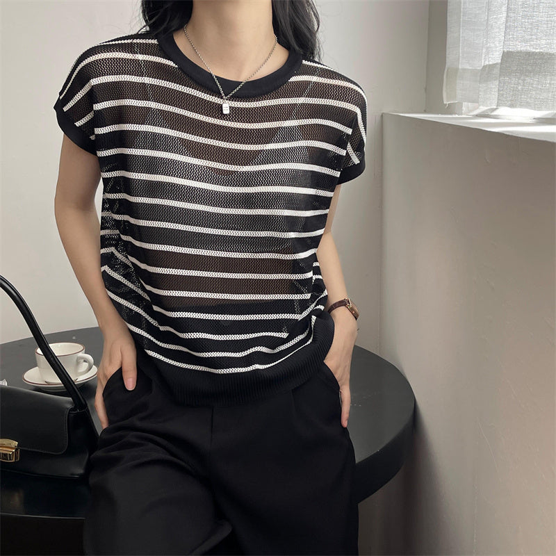 Hollow T-shirt Chain Women Summer New Solid Color Short Sleeve Knitted Tops Female 2022 - MERGE.DAY.1.FREESTYLE