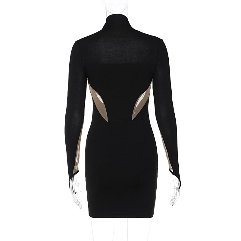 Long Sleeve Patchwork Mesh See Through Sexy Bodycon Mini Dress Evening Clothes - MERGE.DAY.1.FREESTYLE