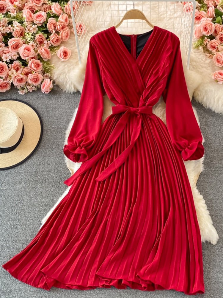 Slim Dress Elegant A Line V Neck Puff Sleeve Chiffon Pullover Mid-Calf Dresses - MERGE.DAY.1.FREESTYLE