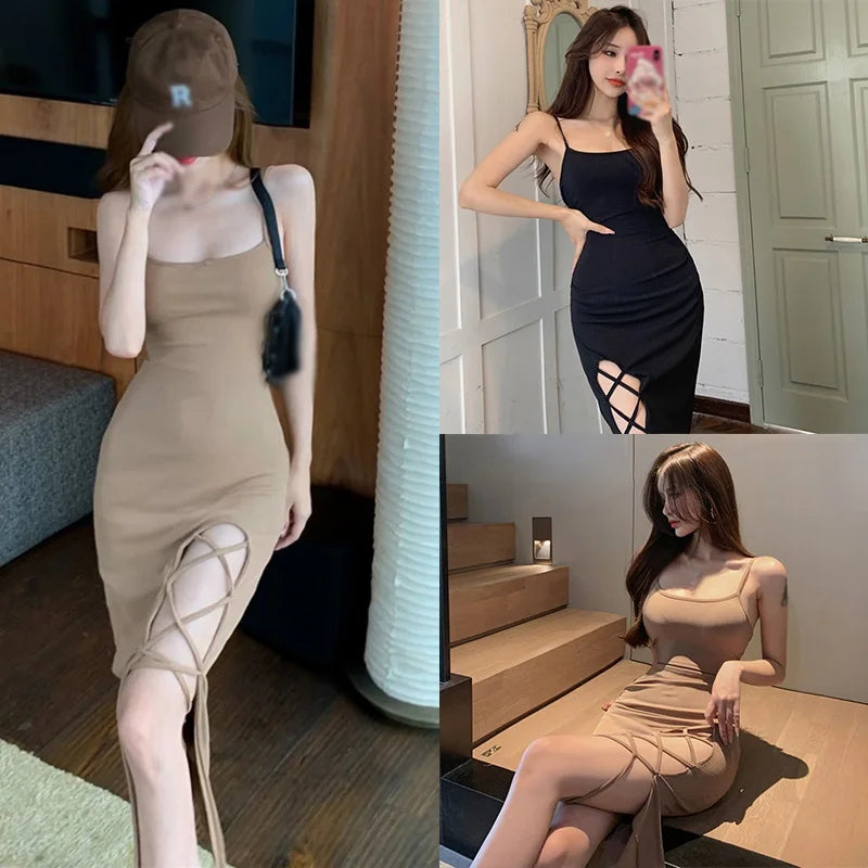 French Slim Fit Split Strap Dress Sleeveless Strap Dress - MERGE.DAY.1.FREESTYLE
