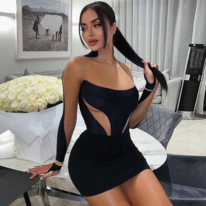 Long Sleeve Patchwork Mesh See Through Sexy Bodycon Mini Dress Evening Clothes - MERGE.DAY.1.FREESTYLE