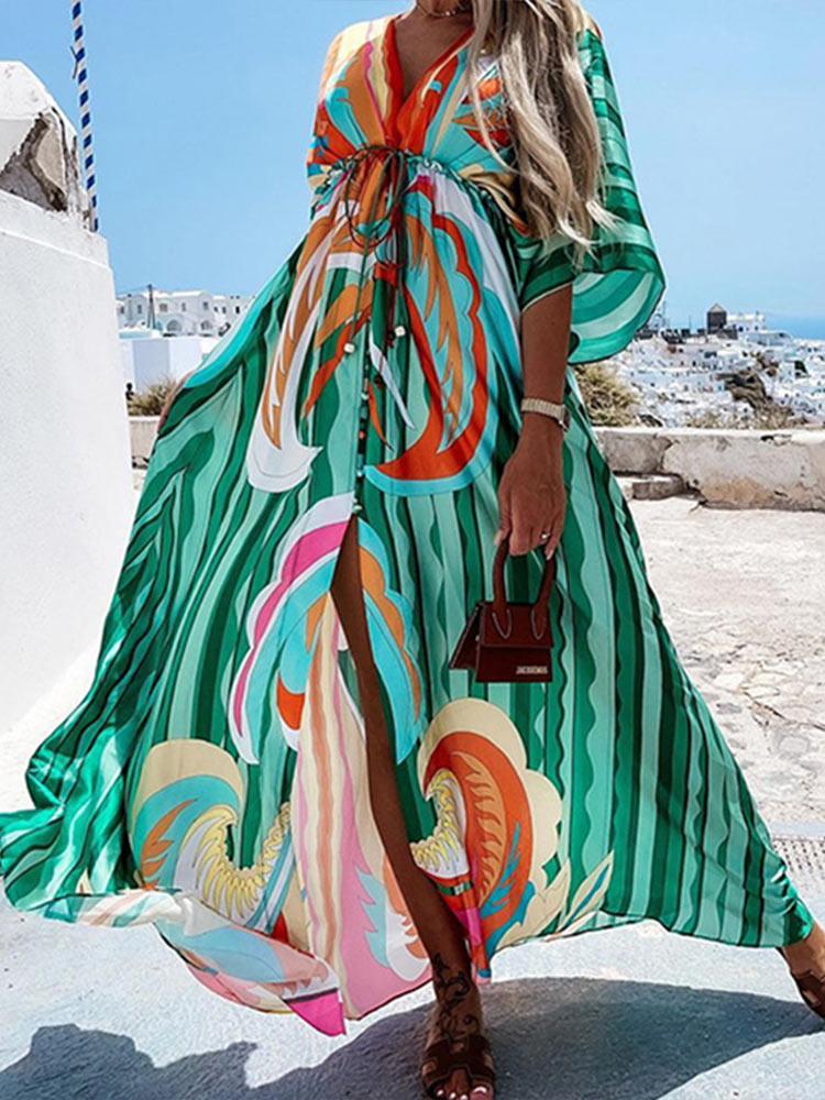 Bikini Cover Ups Print Maxi Dress for Women Summer Bohemian Beach Sexy Floral Tunic Long Dress - MERGE.DAY.1.FREESTYLE