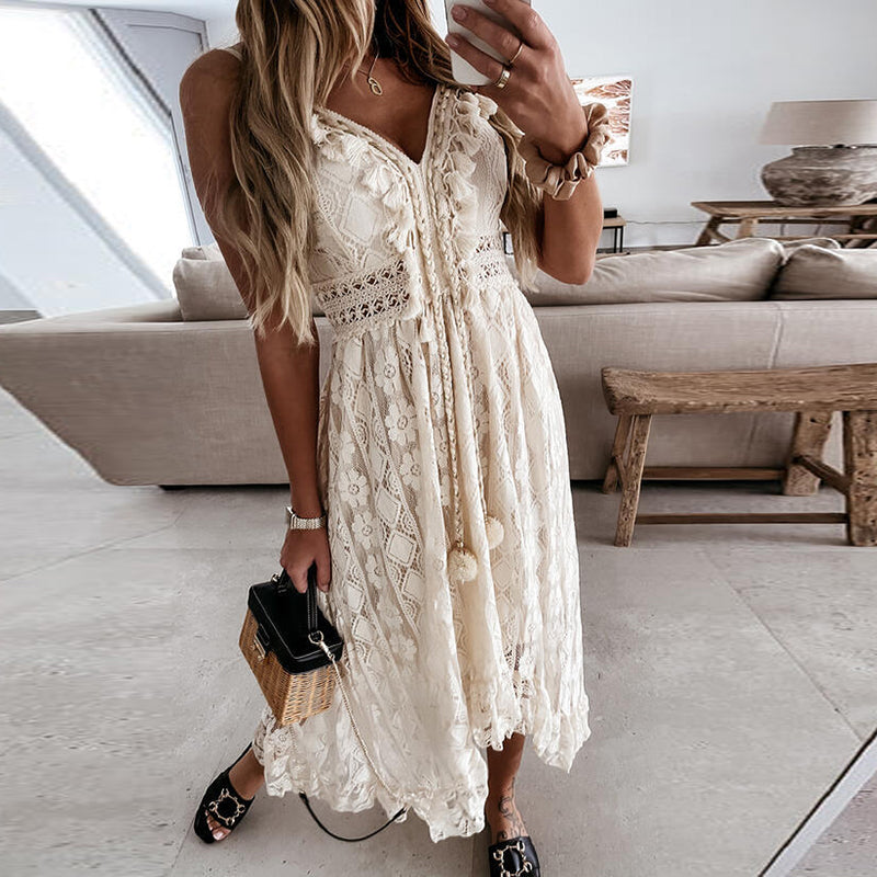 Women Dress Beach Style Elegant White Lace Spaghetti Srap Sundress Female Hollow Out Boho - MERGE.DAY.1.FREESTYLE