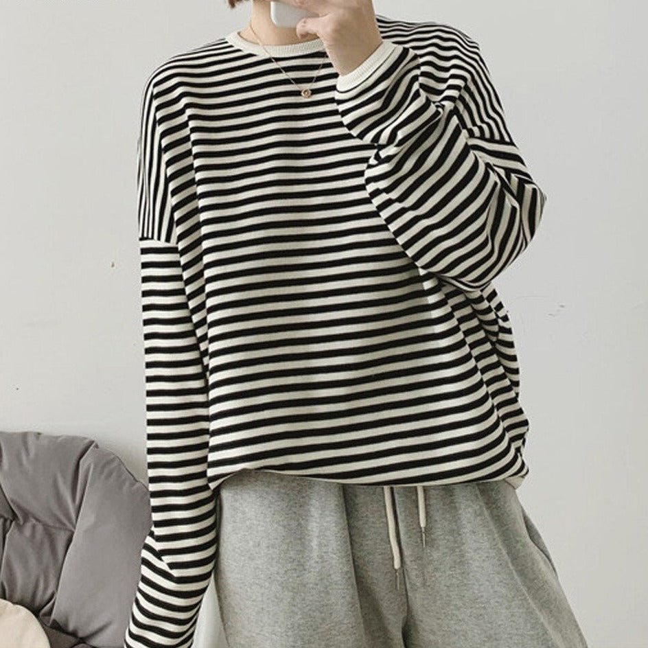 Striped Pullovers Women Knitted Cotton Sweatshirts Female Long-sleeved Loose Tops - MERGE.DAY.1.FREESTYLE