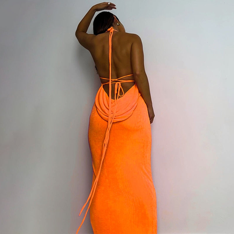 Collar Backless Sleeveless Drawstrings Hollow Out Slit Sexy Maxi Prom Dress - MERGE.DAY.1.FREESTYLE