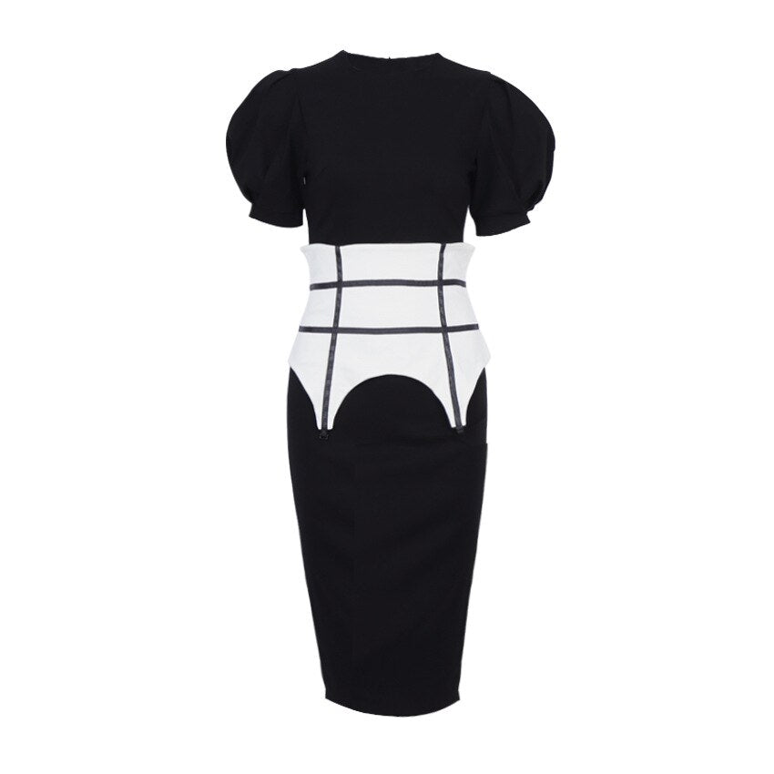 Summer Puff Short Sleeve Dress O-neck Office Lady Solid Color A-line Dress - MERGE.DAY.1.FREESTYLE