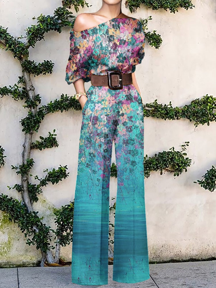 2022 Summer Pattern Print Jumpsuit Off Shoulder Romper Women Wide Leg Pant Playsuit - MERGE.DAY.1.FREESTYLE