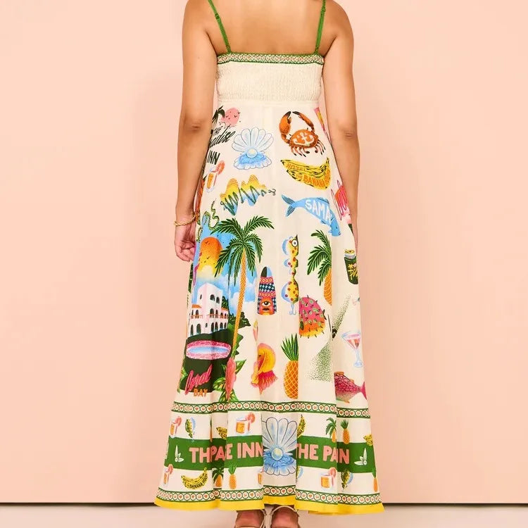 Beach Spaghetti Strap Long Dress Printed Backless Sleeveless Drawstring Dress - MERGE.DAY.1.FREESTYLE